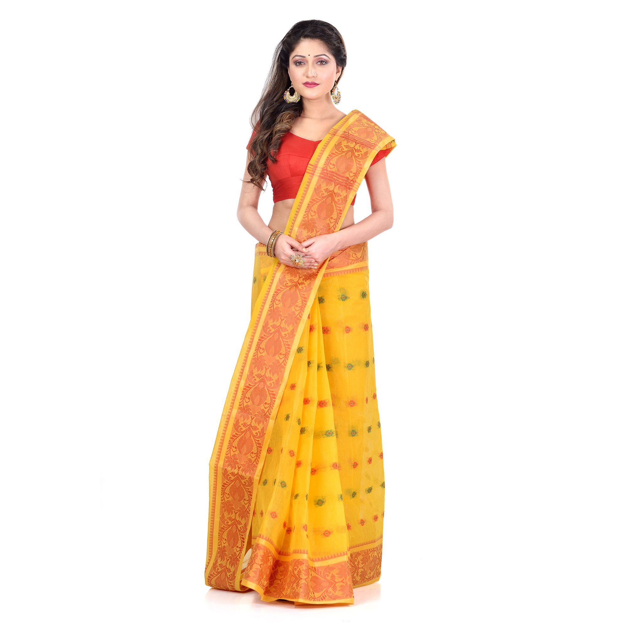  DESH BIDESH Women`s Traditional Bengal Tant Woven Bee Kolka Design Pure Handloom Cotton Saree Without Blouse Piece (Yellow)